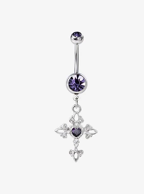 14G Steel Silver Purple CZ Cross Navel Barbell