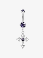 14G Steel Silver Purple CZ Cross Navel Barbell