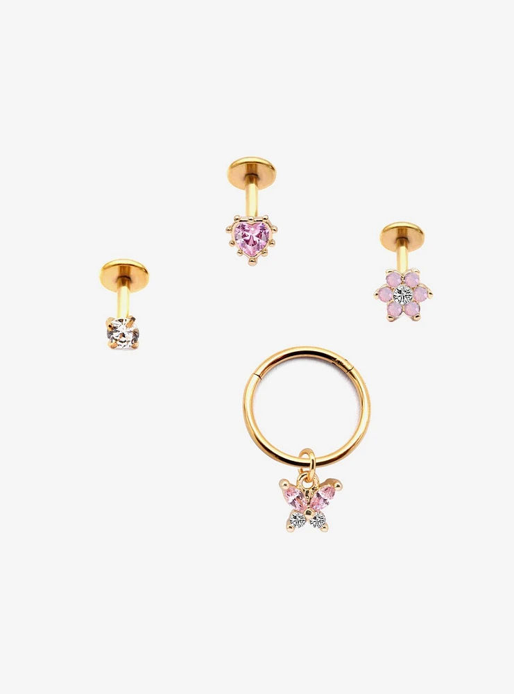 Steel Gold Butterfly & Flower Labret Stud Hoop 4 Pack