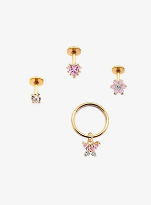 Steel Gold Butterfly & Flower Labret Stud Hoop 4 Pack