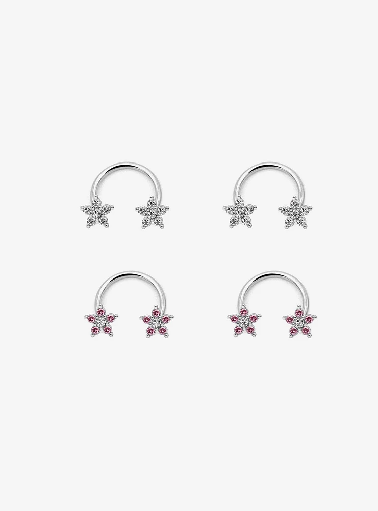 Steel Silver CZ Flower Circular Barbell 4 Pack