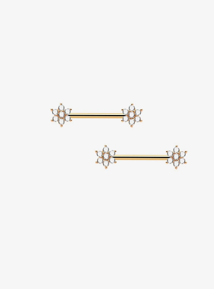 14G Steel Gold CZ Flower Nipple Barbell 2 Pack