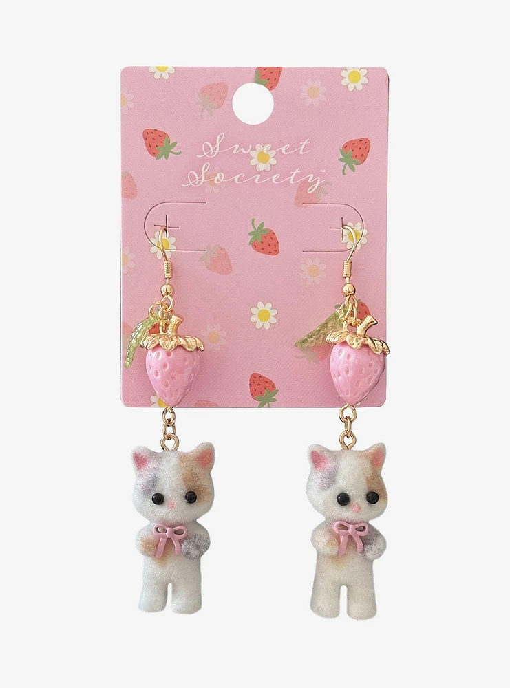 Sweet Society Pink Strawberry Cat Drop Earrings