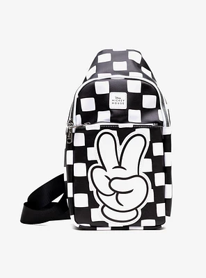 Disney Mickey Mouse Peace Fingers Checkered Crossbody Sling Bag