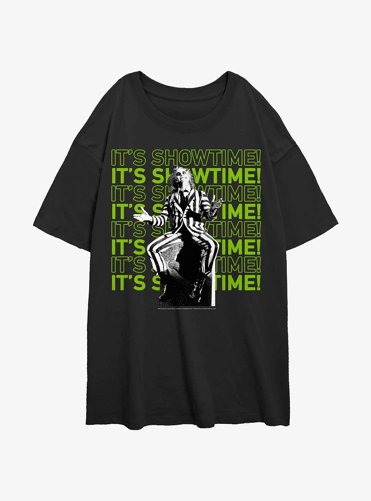 Beetlejuice It's Showtime Repeating Text Womens Oversized T-Shirt