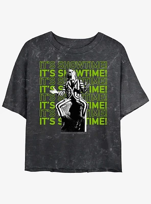 Beetlejuice It's Showtime Repeating Text Womens Mineral Wash Crop T-Shirt