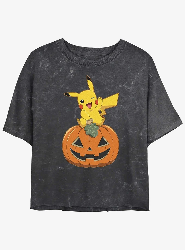 Pokemon Pikachu Pumpkin Womens Mineral Wash Crop T-Shirt