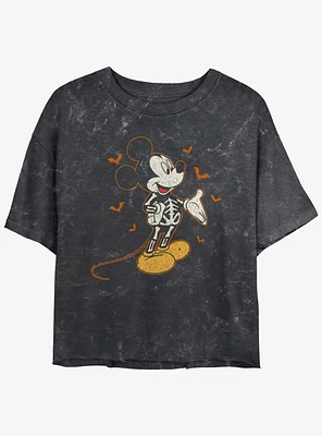 Disney Mickey Mouse Skeleton Bats Womens Mineral Wash Crop T-Shirt