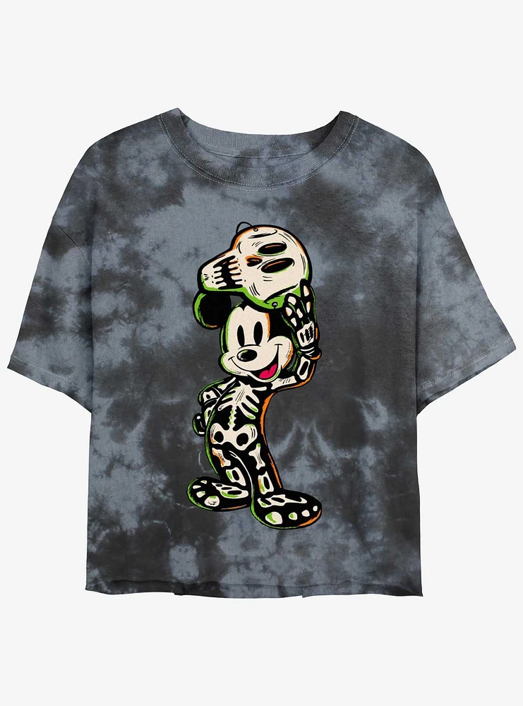 Disney100 Mickey Mouse Skeleton Womens Tie-Dye Crop T-Shirt