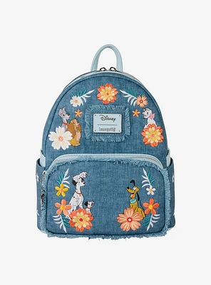 Loungefly Disney Dogs and Cats Floral Denim Fringe Mini Backpack