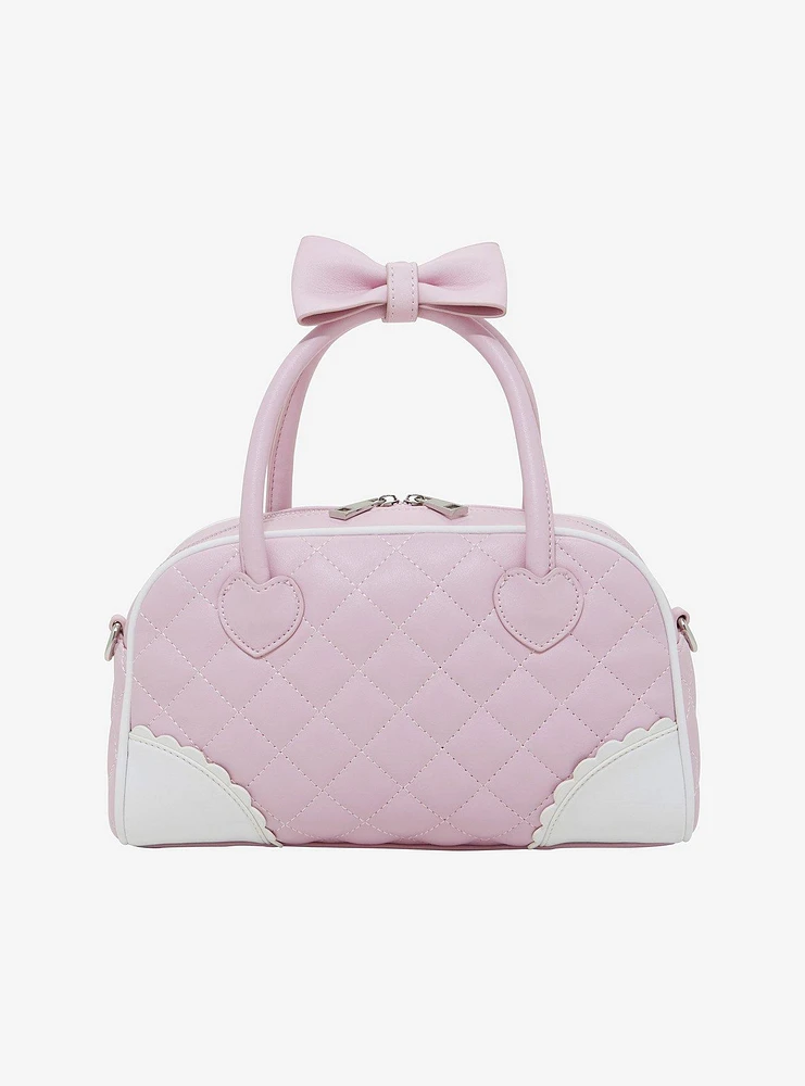 Pink Quilted Heart Bow Bowler Handbag