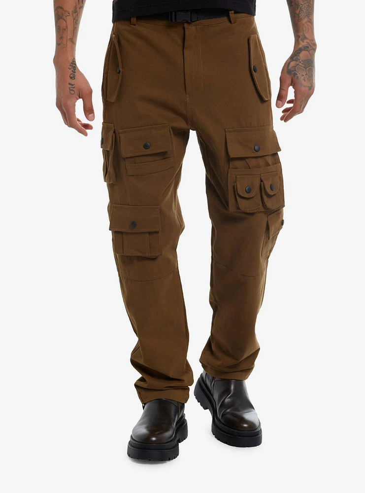 Brown Multi-Pocket Cargo Pants With Belt