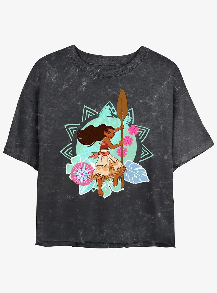 Disney Moana Tropical Floral Womens Mineral Wash Crop T-Shirt