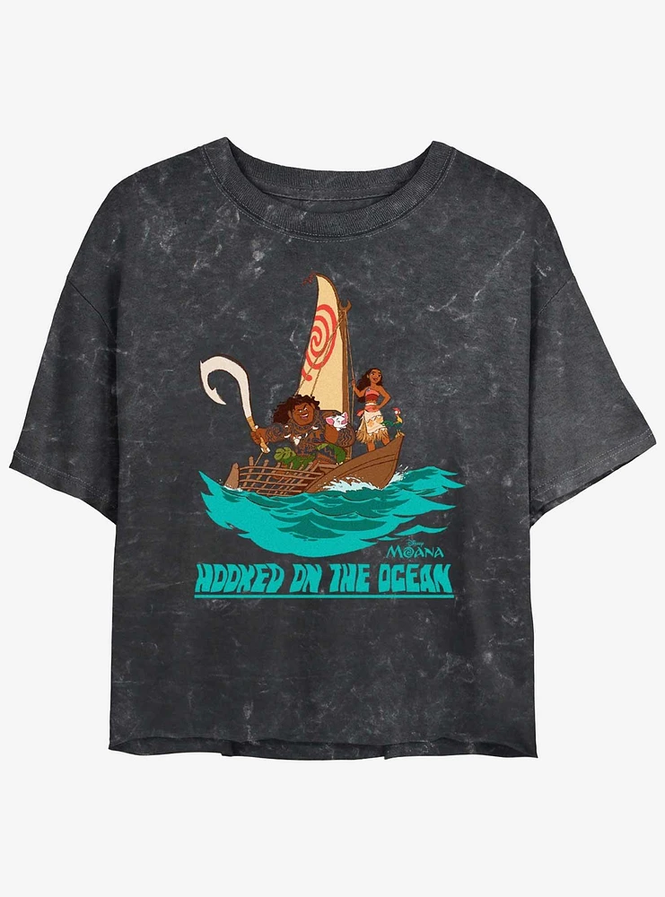 Disney Moana Hooked On The Ocean Womens Mineral Wash Crop T-Shirt