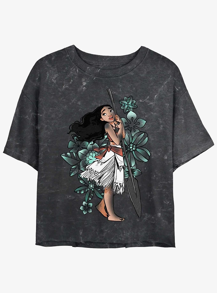 Disney Moana Floral Pose Womens Mineral Wash Crop T-Shirt