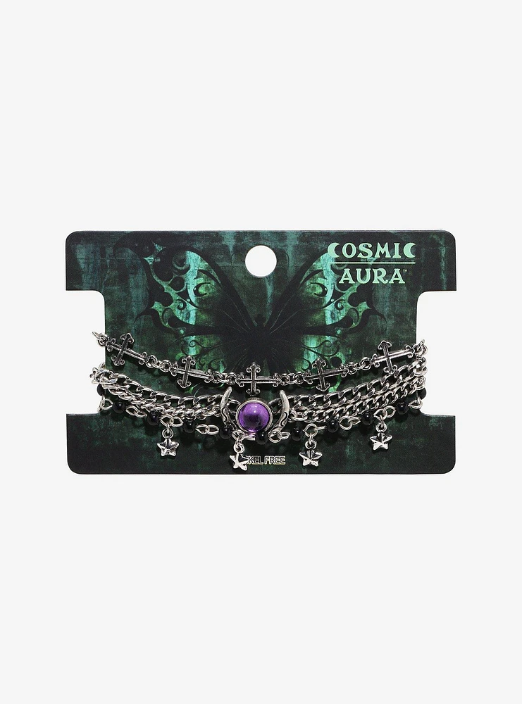 Cosmic Aura Purple Moon Cross Chain Bracelet Set