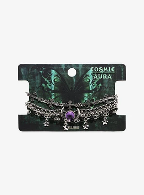 Cosmic Aura Purple Moon Cross Chain Bracelet Set