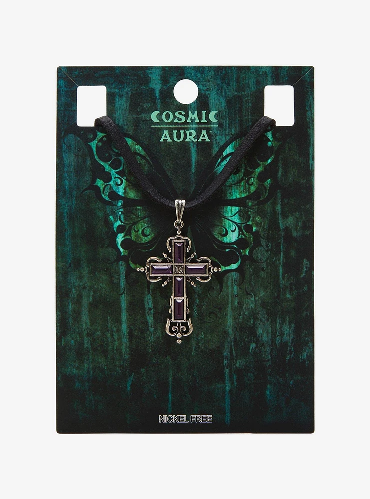 Cosmic Aura Purple Gem Cross Pendant Necklace