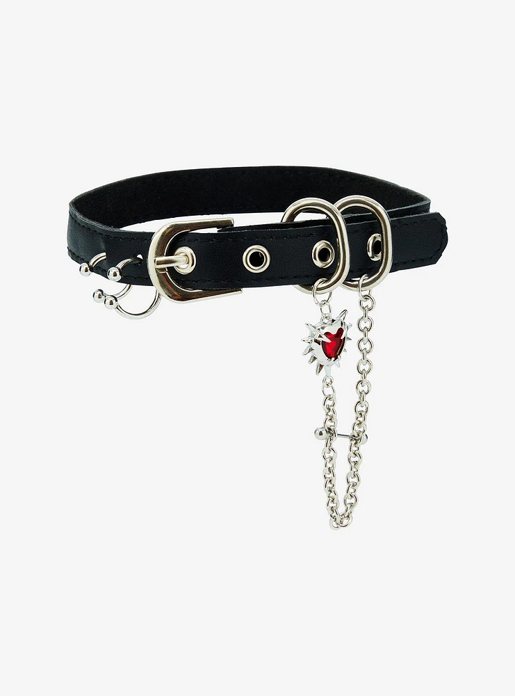 Faux Leather Spike Heart Pierced Choker