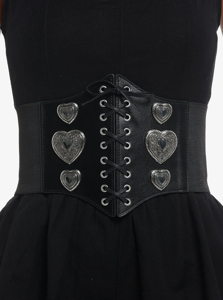 Black & Silver Heart Lace-Up Corset Belt