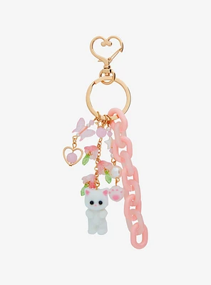 Cat Flocked Charm Floral Key Chain