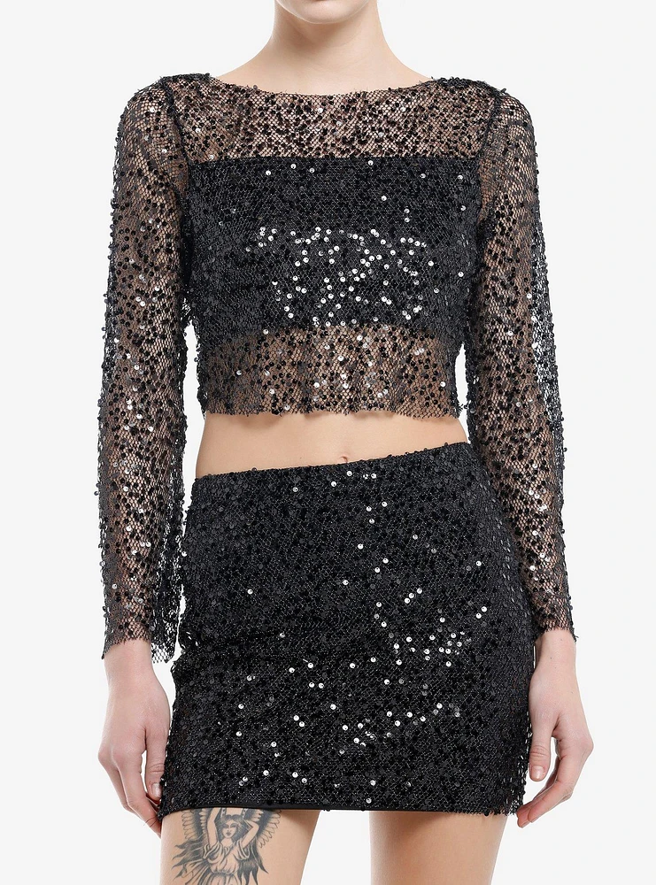 Black Sequin Girls Long-Sleeve Top & Skirt Set