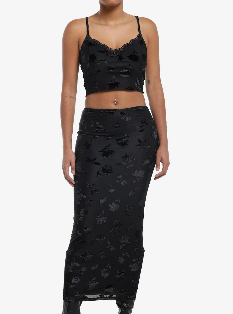 Black Floral Velvet Cami & Skirt Set