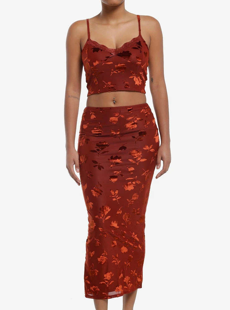 Rust Floral Velvet Cami & Skirt Set