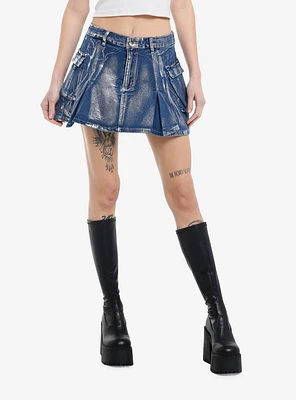 Silver Coated Blue Denim Cargo Skirt