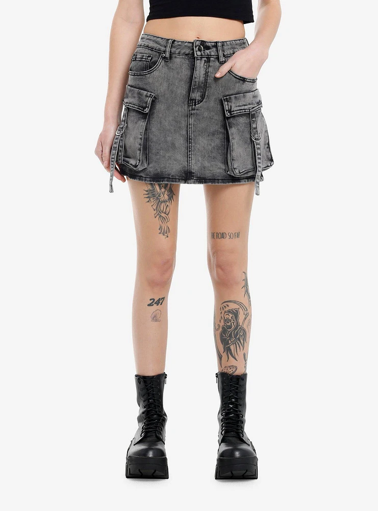 Faded Black Denim Cargo Skirt