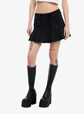 Black Denim Pleated Mini Skirt