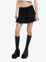 Black Denim Pleated Mini Skirt