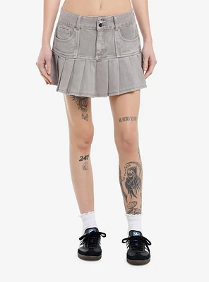 Grey Denim Pleated Mini Skirt