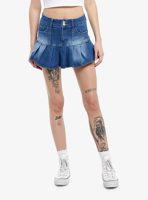 Faded Blue Denim Pleated Mini Skirt