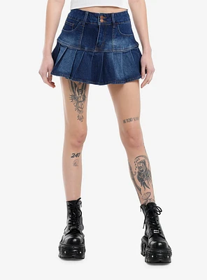 Indigo Blue Denim Pleated Mini Skirt