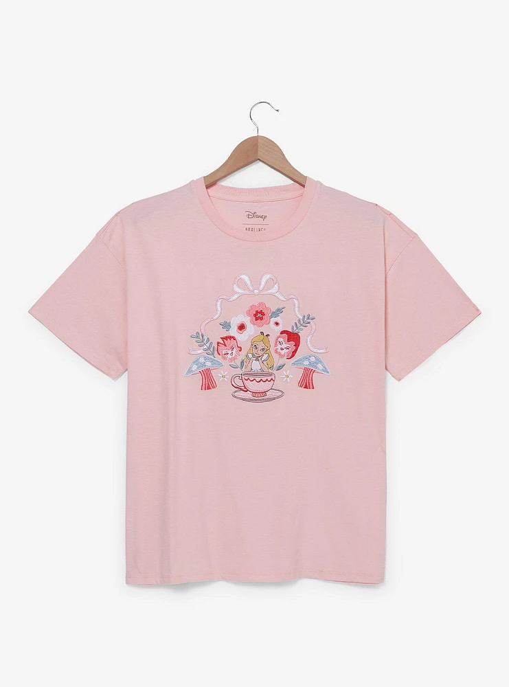 Disney Alice Wonderland Floral Embroidered Women's Plus T-Shirt - BoxLunch Exclusive