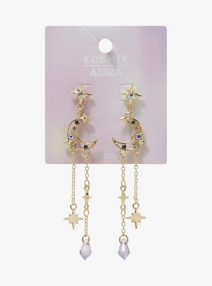 Cosmic Aura Crescent Moon Star Stud Drop Earrings