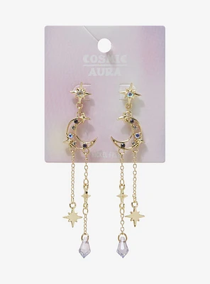 Cosmic Aura Crescent Moon Star Stud Drop Earrings