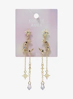 Cosmic Aura Crescent Moon Star Stud Drop Earrings