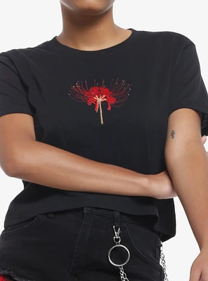 Spider Lily Embroidered Boxy Girls Crop T-Shirt