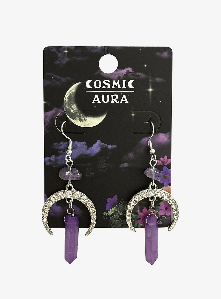 Cosmic Aura Faux Amethyst Crescent Moon Drop Earrings