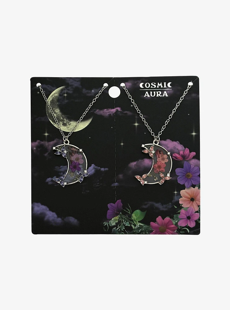 Cosmic Aura Pressed Flower Moon Best Friend Necklace Set