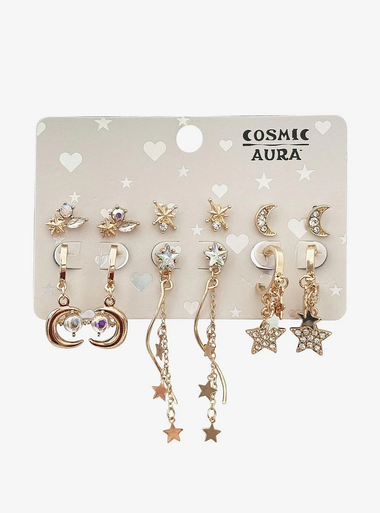 Cosmic Aura Rhinestone Star & Moon Earring Set