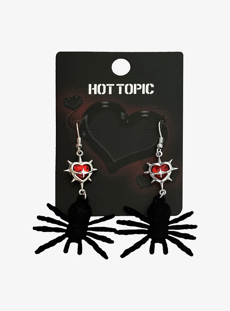 Black Spider & Spiked Heart Drop Earrings