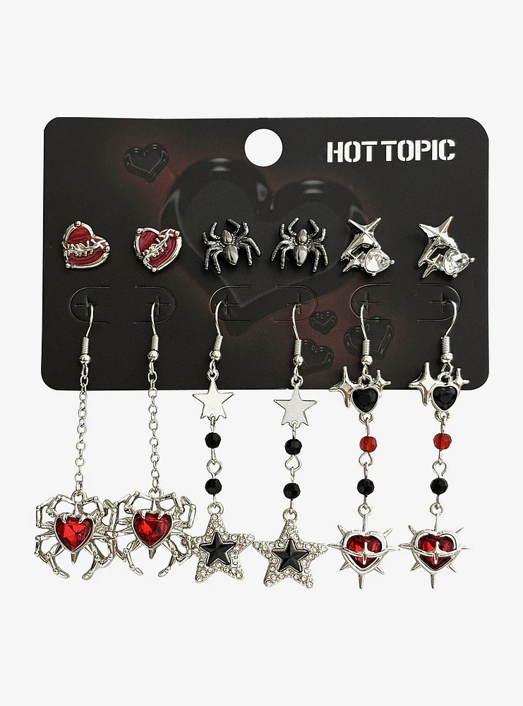 Red Heart Spider Gem Earring Set