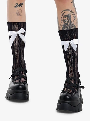 Black Pointelle White Bow Crew Socks