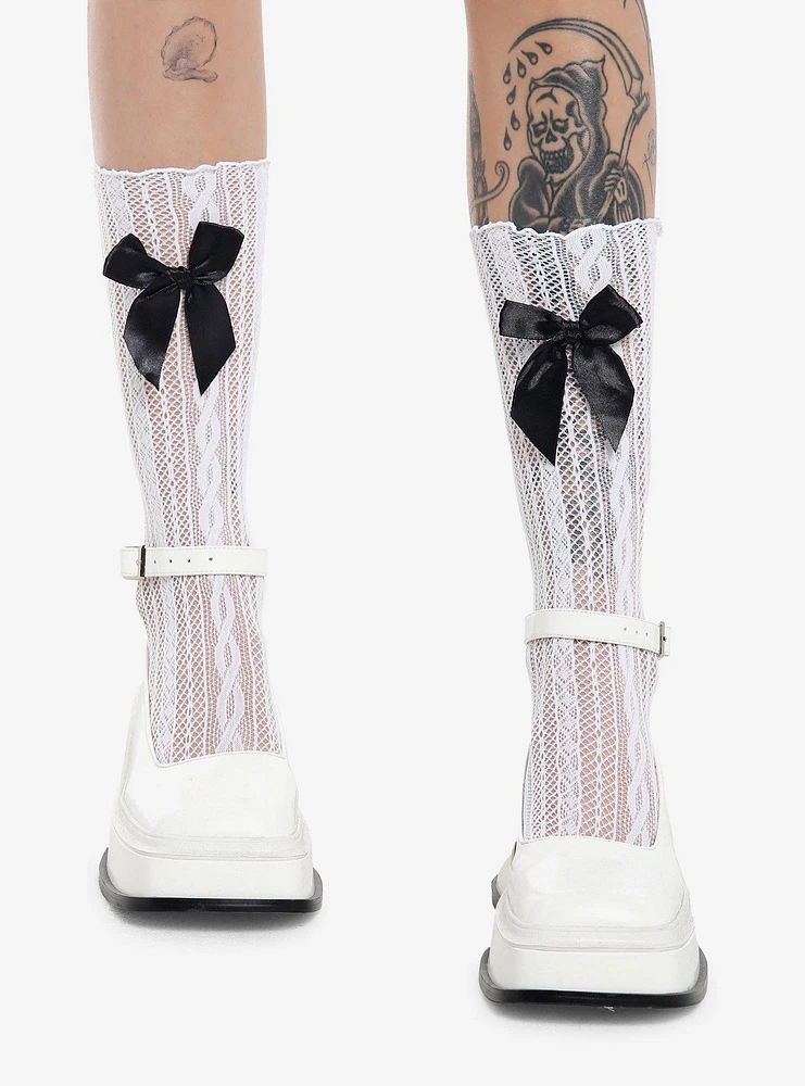 White Pointelle Black Bow Crew Socks