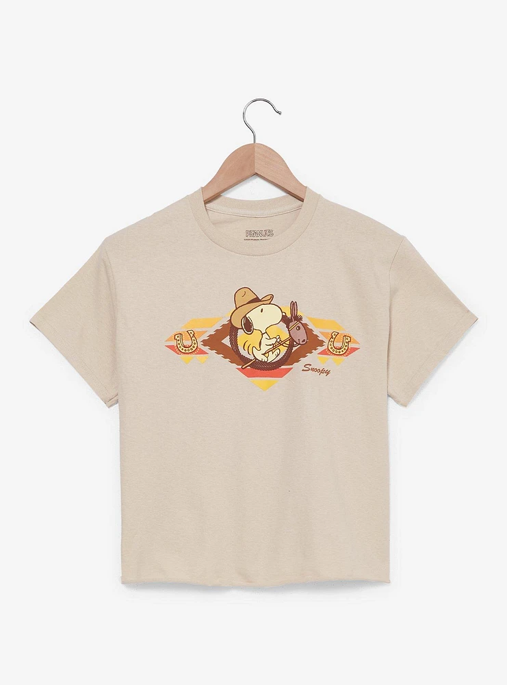 Peanuts Snoopy Cowboy Western Pattern Women's Cropped T-Shirt