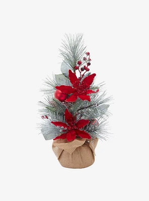 Flocked Tree with Berries and Poinsettia in Burlap Base