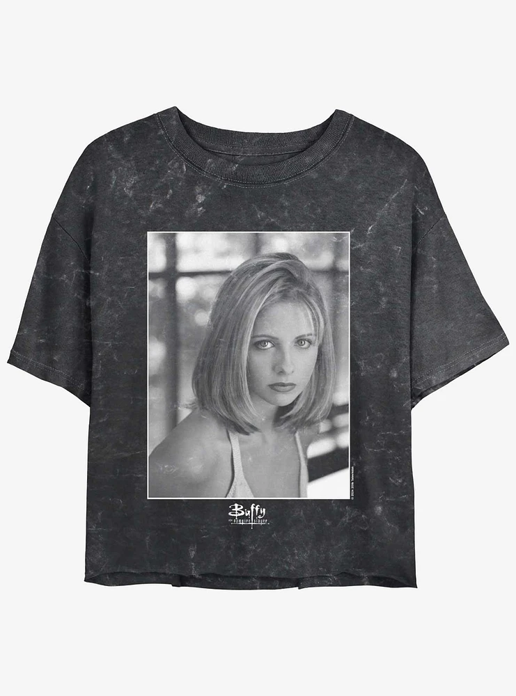 Buffy The Vampire Slayer Portrait Style Logo Mineral Wash Womens Crop T-Shirt